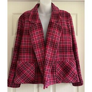 J Jill L Pink Chenille Plaid Blazer Jacket Open Front Tweed Office Career Pocket
